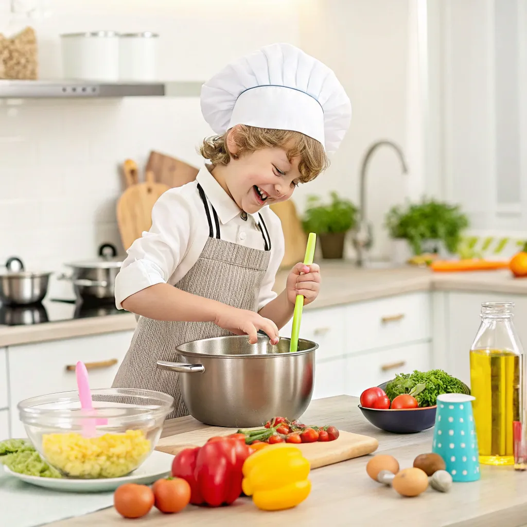 A child happily cooking in a kitchen