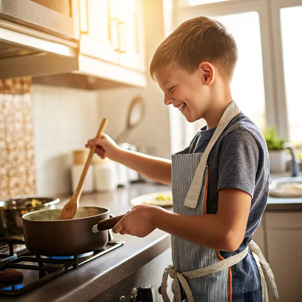 A boy smiling while cooking